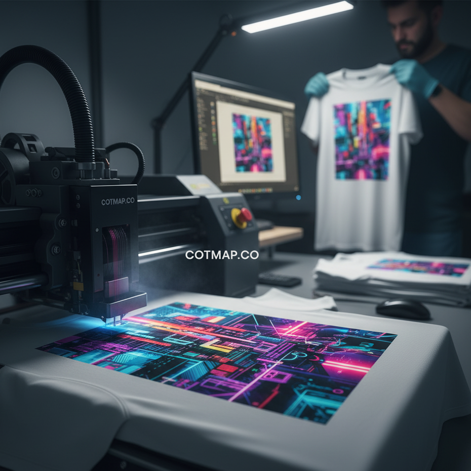 Digital printing process with a colorful design on a t-shirt, Cotmap.co branding visible.